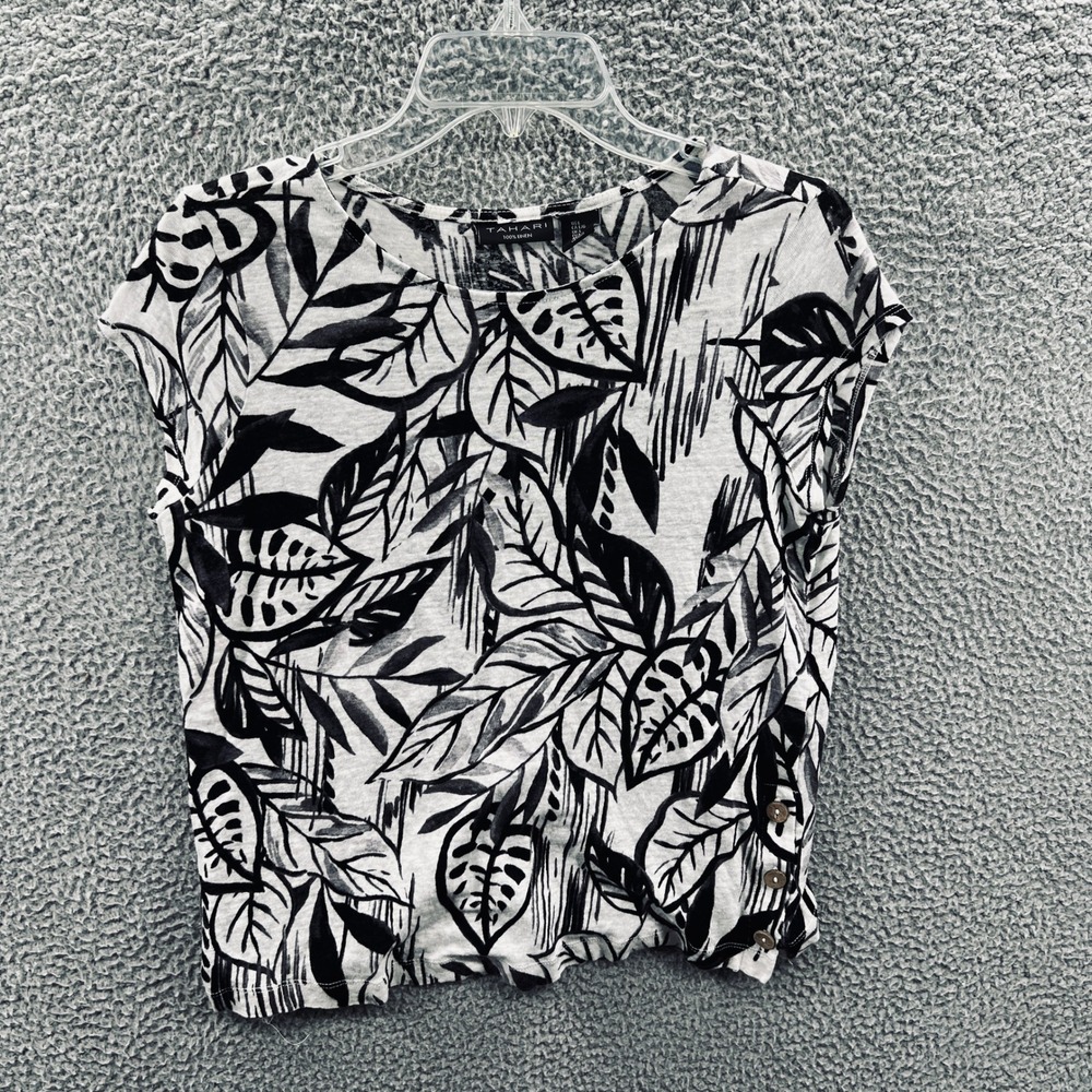 Tahari Women Linen Top Large Black White Leaf Print Capsule Casual Summer Resort